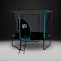 TP Genius Blue 10ft Round Trampoline with a SurroundSafe enclosure, blue frame accents, and an attached ladder leading to a zip-free entry.