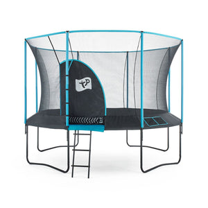 TP Genius Blue 12ft Round Trampoline with a galvanized steel frame, a blue and black safety enclosure, and an attached ladder.
