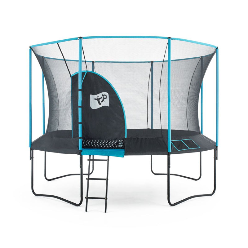 TP Genius Blue 12ft Round Trampoline with a galvanized steel frame, a blue and black safety enclosure, and an attached ladder.