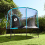 TP Genius Blue 14ft Round Trampoline with a blue frame, SurroundSafe enclosure, and an attached ladder standing on a grassy lawn with zip-free entry.
