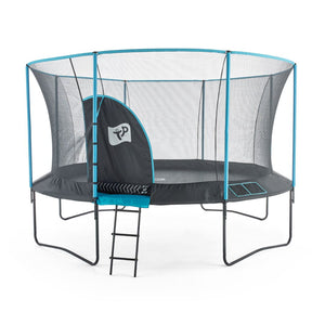 TP Genius Blue 14ft Round Trampoline with a SurroundSafe enclosure, zip-free entry door, and attached ladder.