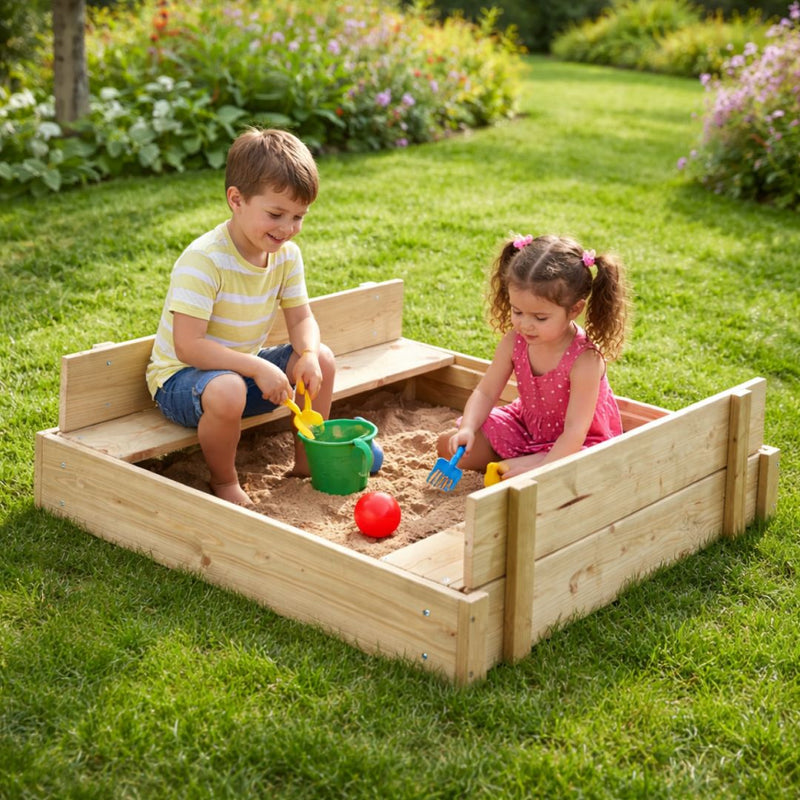Two young children play with the TP Wooden Lidded Sandpit by TP Toys, FSC® certified, on a grassy lawn surrounded by greenery and flowers.