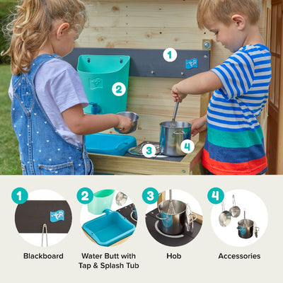 Two children play at the TP Toys Early Fun Mud Kitchen Playhouse Accessory, made from FSC® certified wood. It features a blackboard, water butt with tap, hob, and utensils, with four key features labeled by icons and numbers.