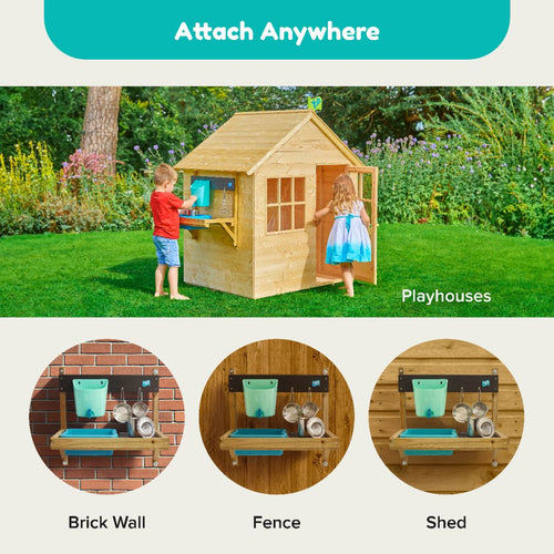Two children play outdoors with the TP Toys TP Early Fun Mud Kitchen Playhouse Accessory, made from FSC® certified wood. Three labeled shelves are attached nearby to a brick wall, a fence, and a shed for easy organization.