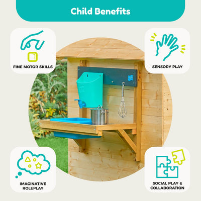 The TP Early Fun Mud Kitchen Playhouse Accessory by TP Toys is wall-mounted, crafted from FSC® certified wood, and supports fine motor skills, sensory play, imaginative roleplay, and social collaboration—ideal for any playhouse.