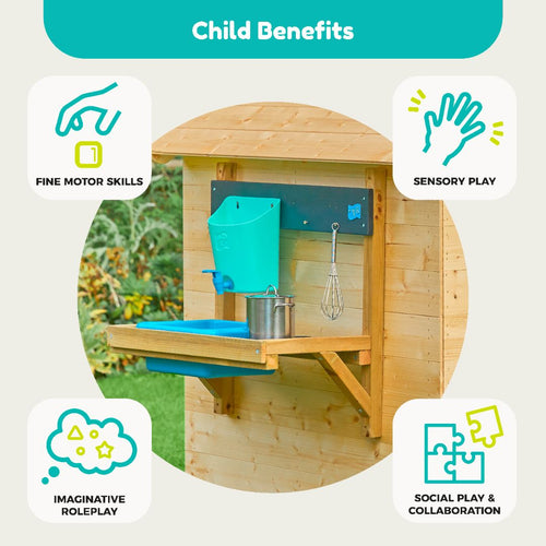 The TP Early Fun Mud Kitchen Playhouse Accessory by TP Toys is wall-mounted, crafted from FSC® certified wood, and supports fine motor skills, sensory play, imaginative roleplay, and social collaboration—ideal for any playhouse.