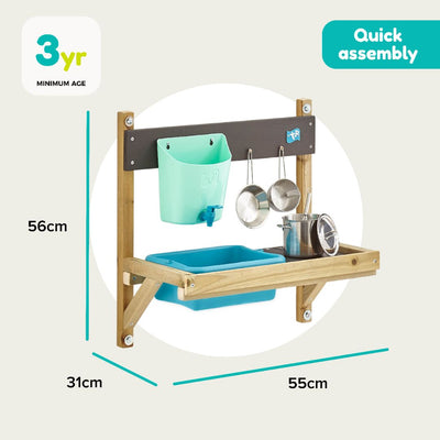The TP Toys TP Early Fun Mud Kitchen Playhouse Accessory is crafted from FSC® certified wood, includes blue containers, metal cups and pots. Dimensions: 56x55x31cm. Quick-assembly; suitable for ages 3+.