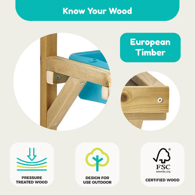 Close-up of TP Toys' TP Early Fun Mud Kitchen Playhouse Accessory—light brown, pressure-treated FSC® certified European timber with metal screws—designed for outdoor use as a perfect playhouse or mud kitchen addition.
