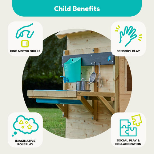 Diagram of the TP Toys TP Deluxe Mud Kitchen Playhouse Accessory (FSC® certified), highlighting child benefits: fine motor skills, sensory play, imaginative roleplay, social play & collaboration. Ideal as a mud kitchen accessory.