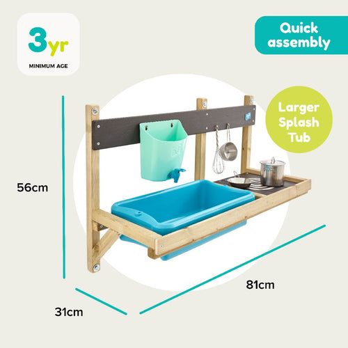 The TP Toys TP Deluxe Mud Kitchen Playhouse Accessory is an FSC® certified children’s splash tub for ages 3+, with a blue basin, storage tray, hanging bucket, and measures 81x56x31cm. Quick to assemble; perfect as a mud kitchen or playhouse accessory.