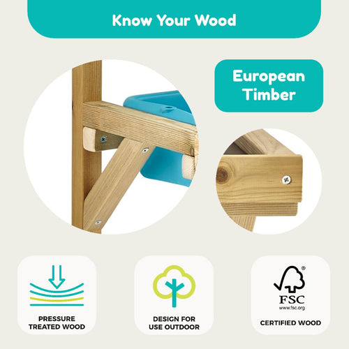 Close-up of the TP Toys Deluxe Mud Kitchen Playhouse Accessory, made from European timber that's pressure treated and FSC® certified—perfect as a durable outdoor mud kitchen or playhouse accessory.