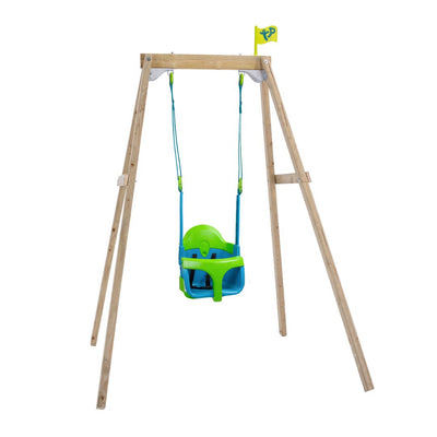 The TP Toys TP Forest Wooden Single Swing with Quadpod features an FSC® certified wood frame, a green and blue toddler seat with blue ropes, and is topped with a yellow flag.
