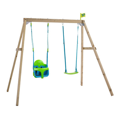The TP Toys TP Forest Wooden Double Swing with Quadpod, made from FSC® certified wood, features a green and blue toddler bucket seat on the left, a green flat seat on the right, and is topped with a small yellow flag.