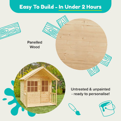 The TP Forest Cabin Wooden Playhouse by TP Toys is an FSC® certified, panelled, untreated, and unpainted wooden playhouse shown outdoors, ready for assembly and personalisation.