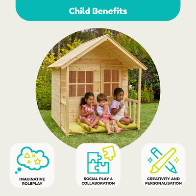 Three children sit on cushions in front of the TP Toys TP Forest Cabin Wooden Playhouse – FSC® certified. Icons showcase imaginative roleplay, social play, and creativity as key benefits of this charming garden playhouse.