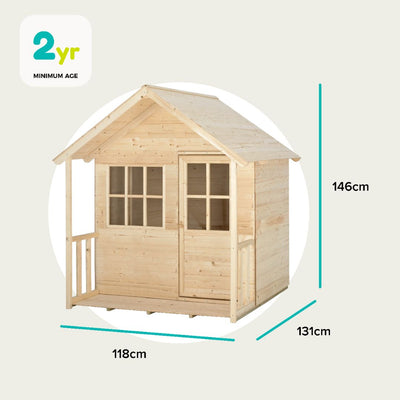 The TP Toys TP Forest Cabin Wooden Playhouse, made from FSC® certified wood, features a porch, two windows, and a door. Measuring 146cm (H) x 118cm (W) x 131cm (D), it's ideal for children aged 2+ to enjoy in the garden.