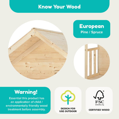 Diagram showing the features of the TP Toys TP Forest Cabin Wooden Playhouse—made from FSC® certified European pine/spruce for outdoor use. Use child- and eco-friendly wood treatment before assembly.