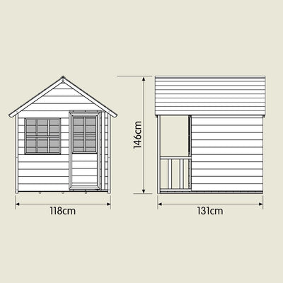Black and white line drawing of the TP Toys TP Forest Cabin Wooden Playhouse, FSC® certified, with dimensions: 146 cm tall, 118 cm wide, 131 cm deep. Features labeled window and door.