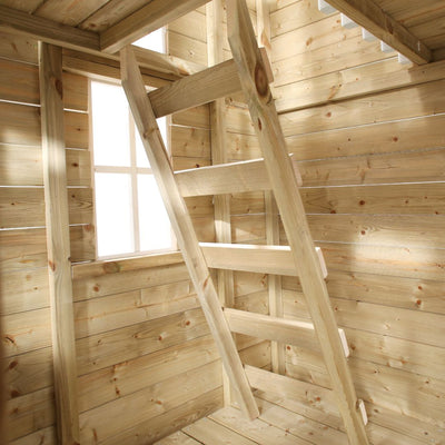 A wooden ladder leads to an upper level inside the sunlit TP Loft Two Storey Wooden Playhouse by TP Toys, featuring paneled walls and a window—perfect for imaginative adventures. FSC® certified.