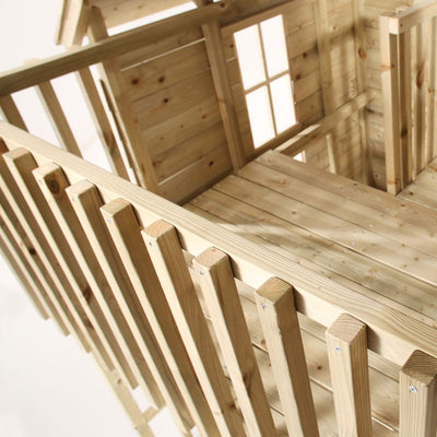 Close-up of TP Loft Two Storey Wooden Playhouse by TP Toys, FSC® certified, highlighting plank flooring, walls, railing, and a window frame—ideal for building a cozy kids’ retreat or imaginative two-storey playhouse.
