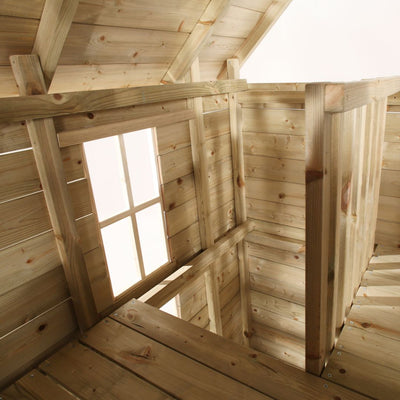 Interior of the TP Loft Two Storey Wooden Playhouse by TP Toys, featuring exposed beams, partial window, and unfinished FSC® certified wood—ideal for a unique kids space or charming two-storey playhouse.