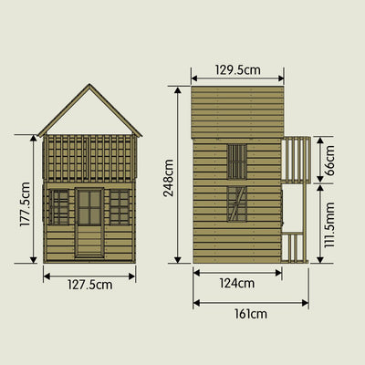 Technical drawing of the TP Toys TP Loft Two Storey Wooden Playhouse (FSC® certified) showing front and side views with labeled width, height, and depth dimensions in centimeters.