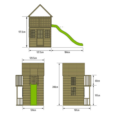 Diagram of the TP Toys Skye Two Storey Wooden Playhouse - FSC® certified, with front, side, and top views labeled in cm. Made from sustainable timber for safety and eco-friendliness. Includes a wavy slide.