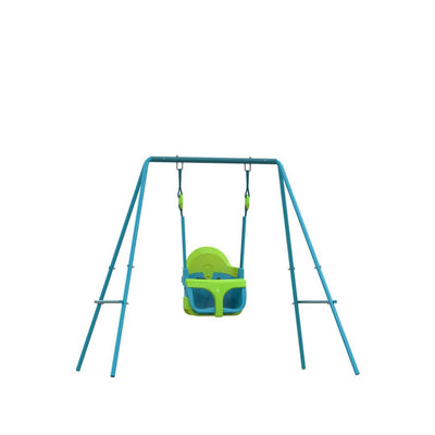 The TP Toys TP Small to Tall 2 in 1 Metal Swing Set with Quadpod features a blue and green adjustable swing seat, safely suspended from a sturdy blue metal frame.