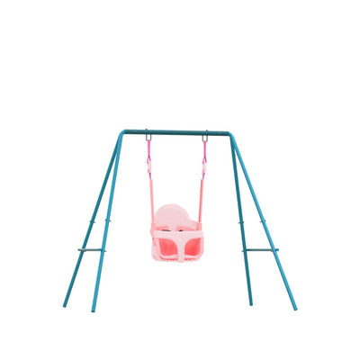The TP Toys TP Small to Tall 2 in 1 Metal Swing Set features a pink Quadpod seat with safety harness, adjustable frame, and “grow with me” design—perfect for kids’ playtime.