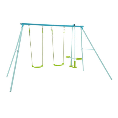 The TP Toys TP Triple Metal Swing Set with Glider Swing Seat features adjustable swing seats and a two-seat glider in light blue and green, shown against a white background.