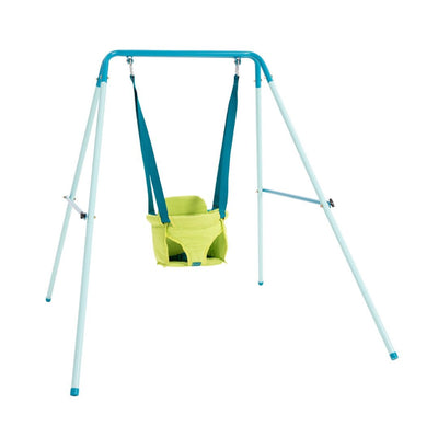 The TP Foldaway Baby Swing by TP Toys is a freestanding metal swing with a green and blue seat for toddlers, designed for versatile indoor or outdoor use.