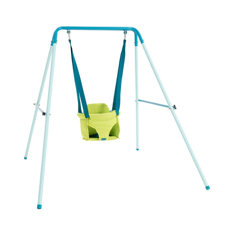 The TP Foldaway Baby Swing by TP Toys is a freestanding metal swing with a green and blue seat for toddlers, designed for versatile indoor or outdoor use.
