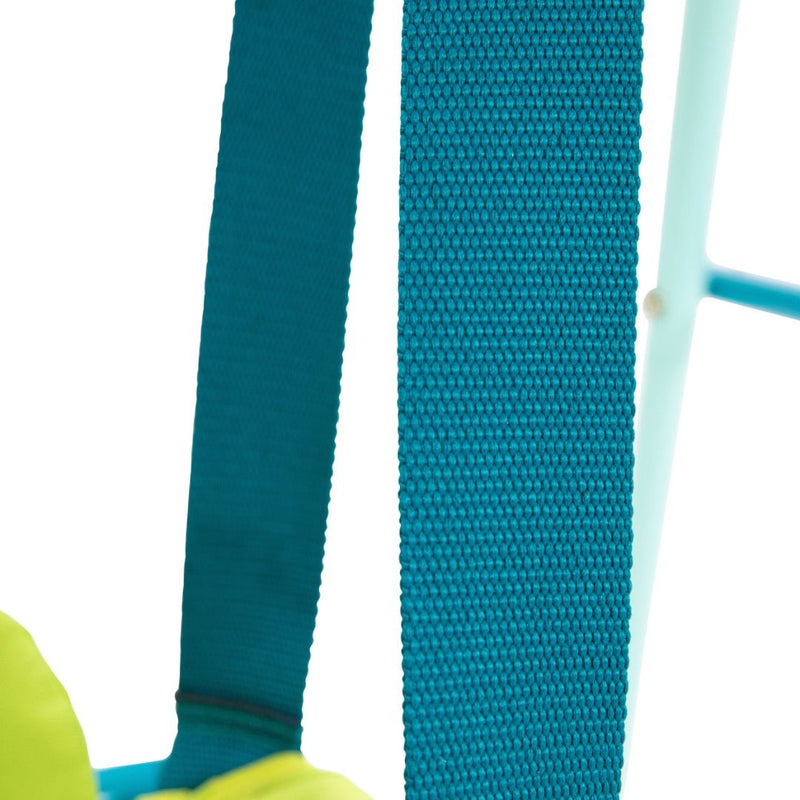 Close-up of a blue textured strap on the TP Toys TP Foldaway Baby Swing; a yellow cushion appears in the lower left, highlighting details of this versatile indoor-outdoor baby swing.