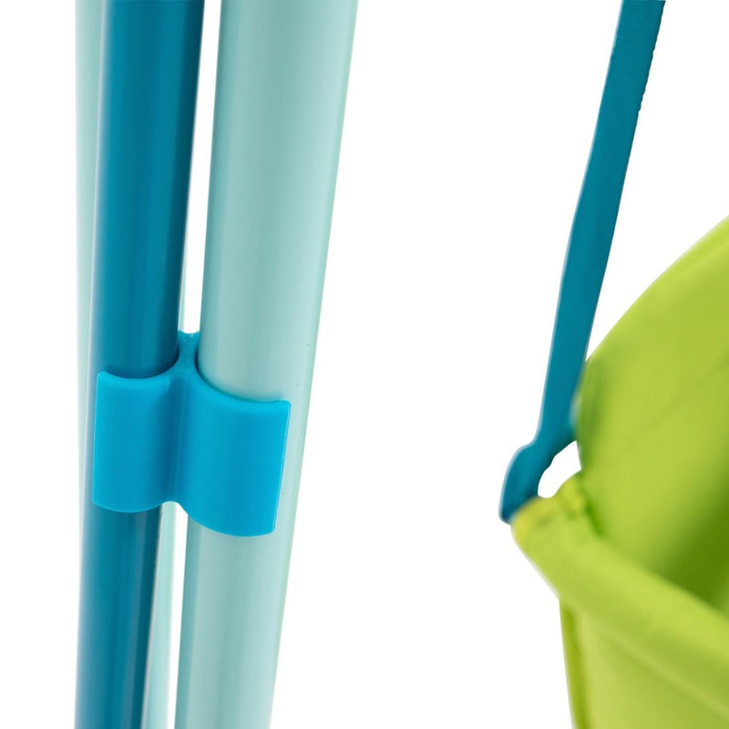 Close-up of blue plastic poles secured by a blue clip near a green bucket with a blue handle—parts from the TP Foldaway Baby Swing by TP Toys—shown against a white background.