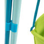 Close-up of blue plastic poles secured by a blue clip near a green bucket with a blue handle—parts from the TP Foldaway Baby Swing by TP Toys—shown against a white background.