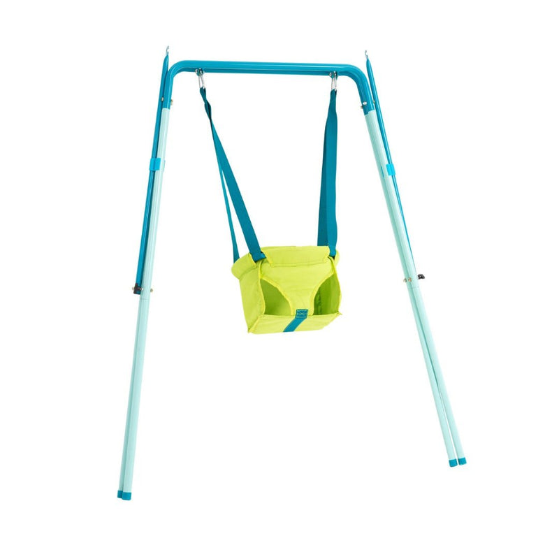 The TP Foldaway Baby Swing by TP Toys features a blue metal frame and green seat with blue straps, designed for both indoor and outdoor playtime wherever you go.