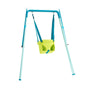 The TP Foldaway Baby Swing by TP Toys features a blue metal frame and green seat with blue straps, designed for both indoor and outdoor playtime wherever you go.