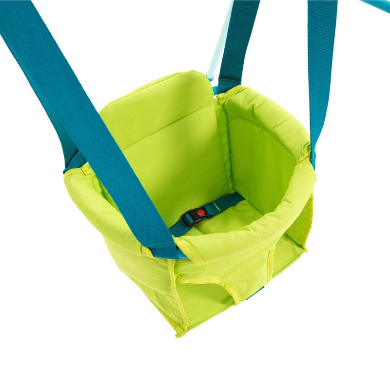 The TP Toys TP Foldaway Baby Swing features a bright green padded seat with blue safety straps, shown suspended and empty from above.
