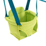 The TP Toys TP Foldaway Baby Swing features a green fabric seat with blue straps, an open top, and a suspended design, making it perfect for young children to enjoy both indoors and outdoors.