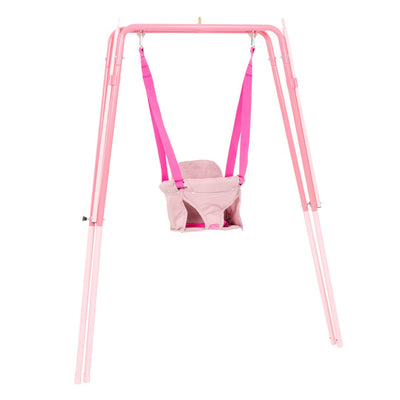 The TP Pink Foldaway Baby Swing by TP Toys features a pink metal frame, soft pink fabric seat, and bright pink straps—ideal as an indoor or outdoor baby swing. Set against a white background.