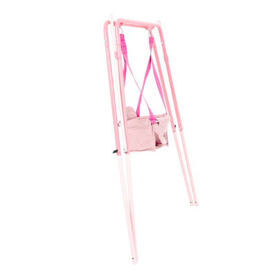 The TP Pink Foldaway Baby Swing by TP Toys features harness straps and a pink metal frame, resembling a stylish indoor-outdoor baby swing, all shown isolated on a white background.