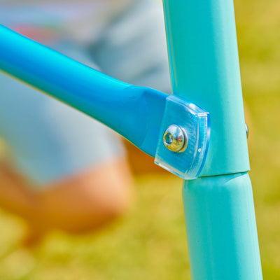A blue powder-coated steel rod with a screw provides strength and durability to your TP Toys Double Metal Swing Set.