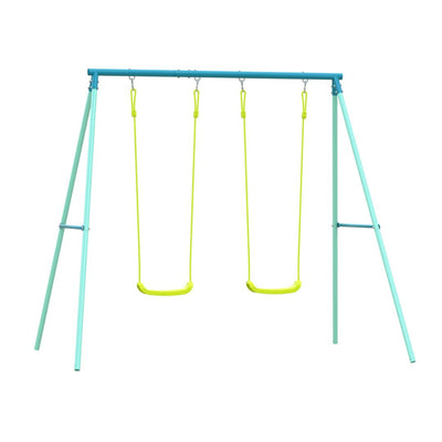 The TP Double Metal Swing Set by TP Toys features two yellow injection-moulded swing seats and a blue powder-coated steel frame, shown isolated on a white background.