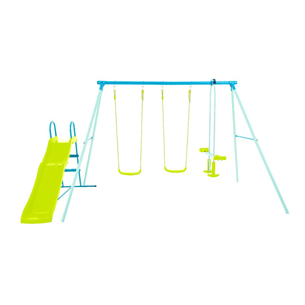 The TP Toys TP Metal Double Swing Slide & Glide features a yellow slide, two adjustable swing seats, and a yellow seesaw, all supported by a sturdy blue and white frame.