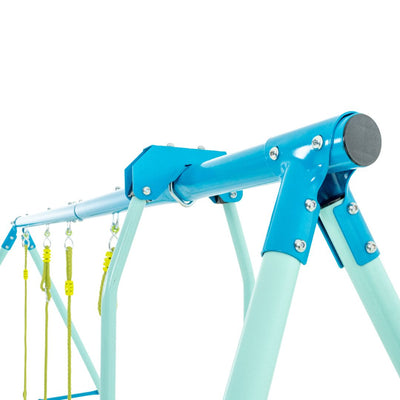 Close-up of the TP Toys TP Metal Double Swing Slide & Glide, featuring a blue and light green frame with yellow ropes, shown against a plain white background.