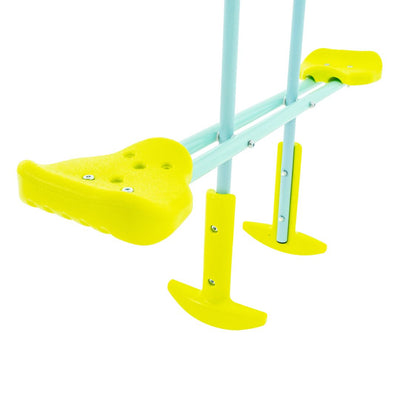 The TP Toys TP Metal Double Swing Slide & Glide features a yellow and light blue metal seesaw with two seats and handles, perfect for children. A great garden swing set addition, its rounded feet provide stability.