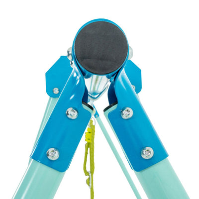 Close-up of a TP Toys TP Metal Double Swing Slide & Glide joint, featuring blue brackets, bolts, and a yellow cord—perfect for supporting adjustable swing seats in your garden swing set.