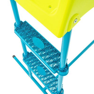 Close-up of the blue metal ladder with perforated steps and yellow platform atop the TP Toys TP Metal Double Swing Slide & Glide, part of a garden swing set, photographed from above on a white background.