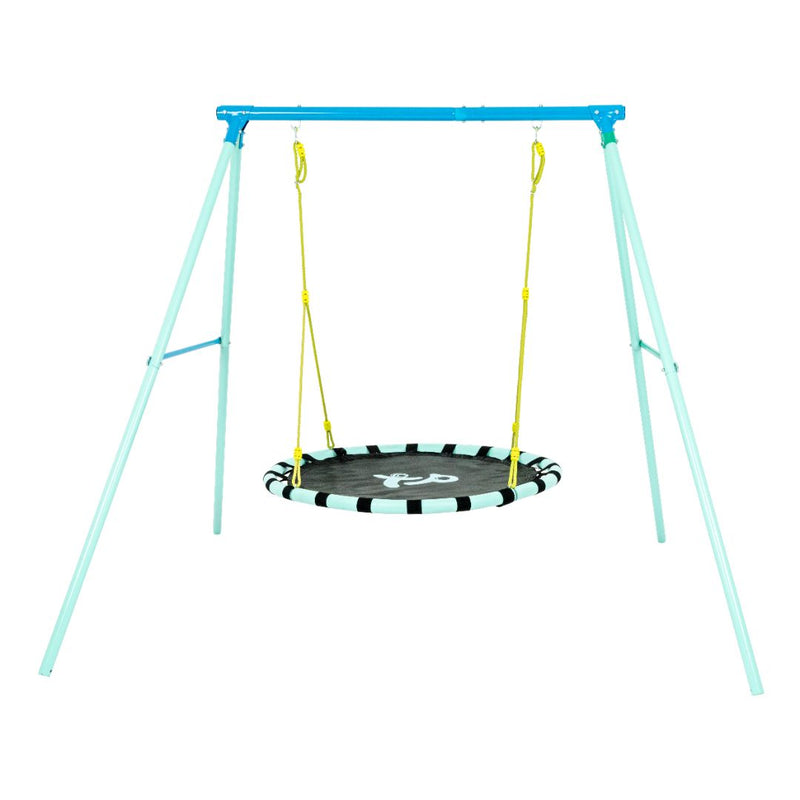 The TP Toys TP Giant Nest Metal Swing Set features a circular nest swing with yellow ropes and a black and white striped edge, hanging from a light blue metal frame.
