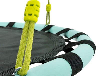 Close-up of the TP Toys Giant Nest Metal Swing Set, featuring a black seat, light blue padded frame, and yellow braided ropes with adjustable clips—ideal for your backyard play space.
